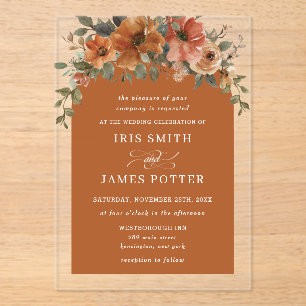 Elegant Burnt Orange Rust Copper Floral Wedding Acrylic Invitations