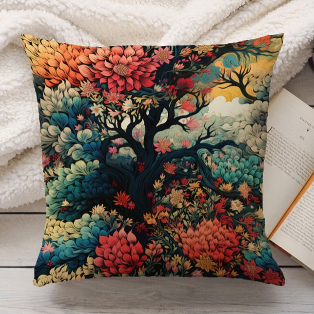 Elegant Burnt Orange Teal Gold Nature Chinoiserie Cushion (Orange and teal leaves in forest pillow)