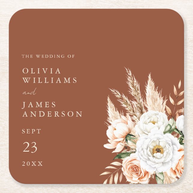 Elegant Burnt Orange Terracotta Floral Wedding  Square Paper Coaster (Front)