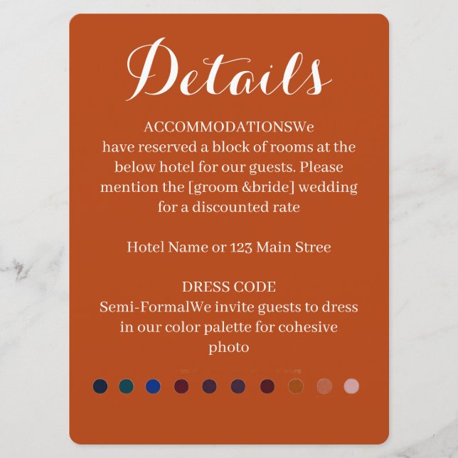 Elegant Burnt Orange Wedding Details Accommodation Programme (Front)