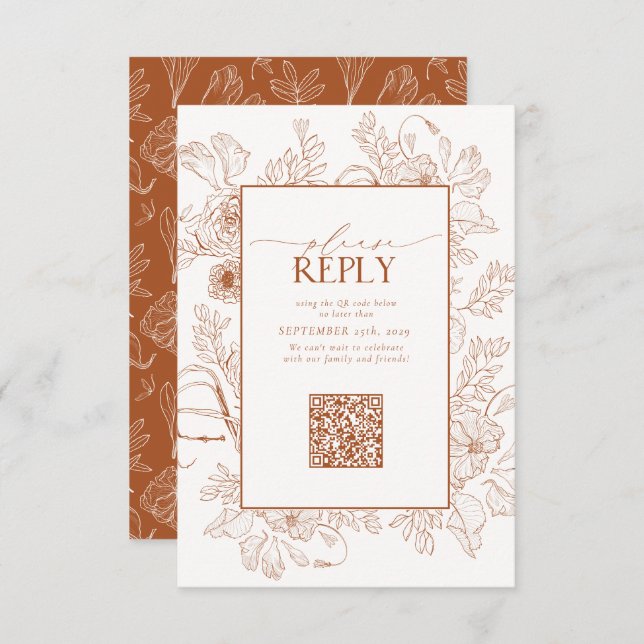 Elegant Burnt Orange Wedding QR Code Please Reply RSVP Card (Front/Back)