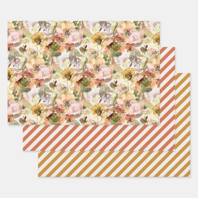 Elegant Burnt Orange Yellow Fall Autumn Floral  Wrapping Paper Sheet (Set)