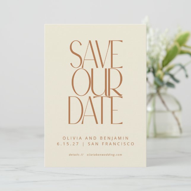 Elegant Burnt Rust Mid Century Modern Typography Save The Date (Standing Front)