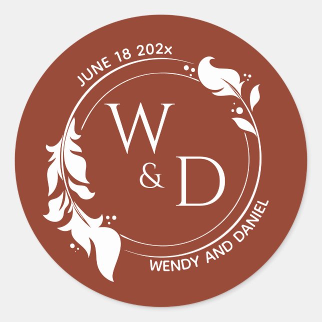 Elegant Burnt Sienna Foliage Double Ring Monogram Classic Round Sticker (Front)