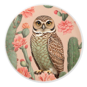 Elegant Burrowing Owl And Cactuses  Ceramic Knob