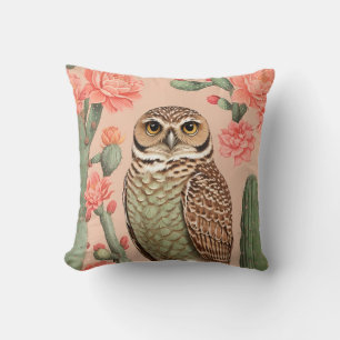 Elegant Burrowing Owl And Cactuses Cushion