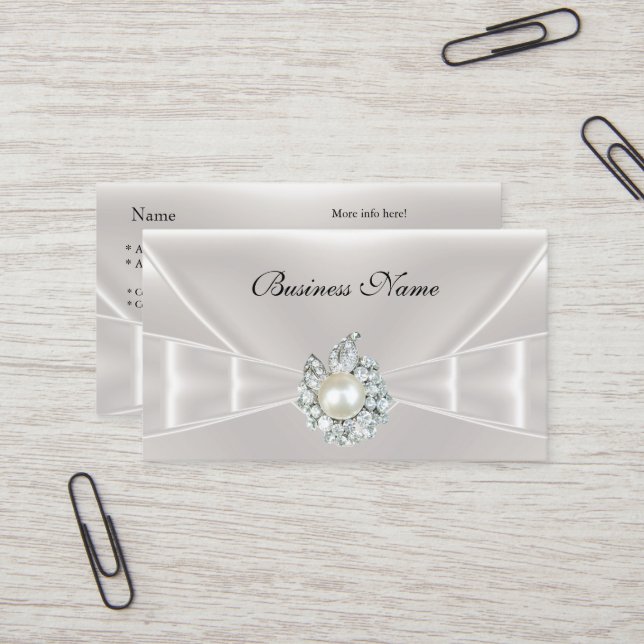 Elegant Business Card White Silk Bow Jewel (Front/Back In Situ)