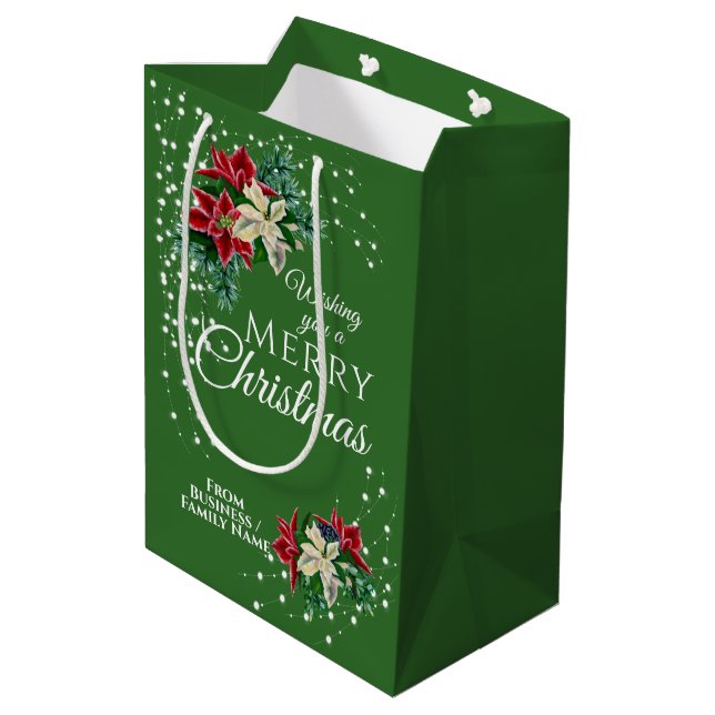 Elegant Business Christmas Poinsettia Floral  Medium Gift Bag (Back Angled)