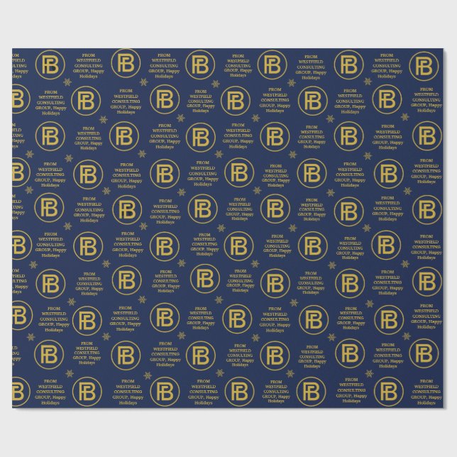  Elegant Business Logo Holiday Navy Blue and Gold  Wrapping Paper (Flat)