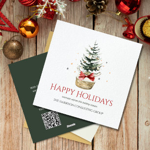 Elegant Business Logo QR Code Watercolor Christmas Holiday Card