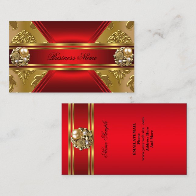 Elegant Business Red Gold Damask Jewel Card (Front/Back)