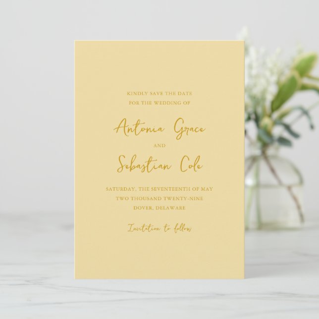 Elegant Butter Yellow Modern Wedding Save The Date (Standing Front)