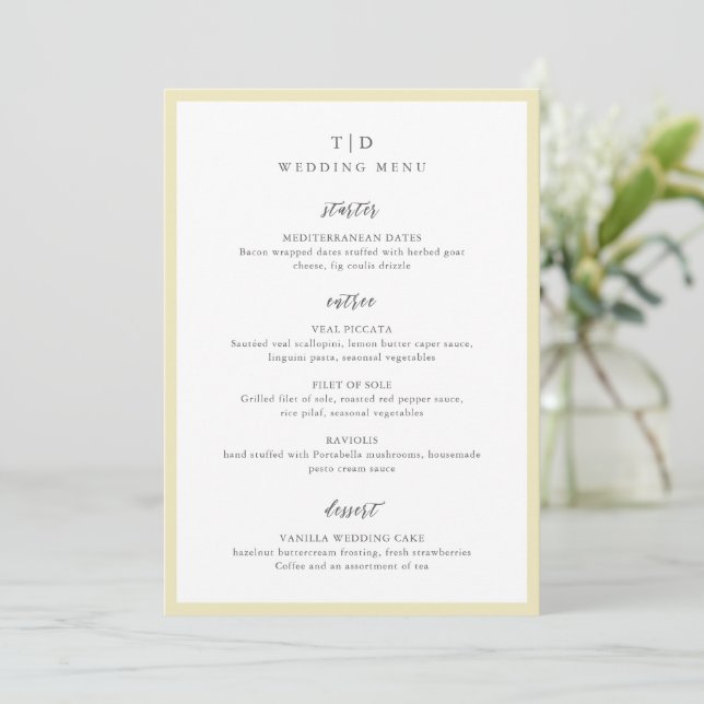Elegant Butter Yellow Monogram Modern Wedding Menu (Standing Front)