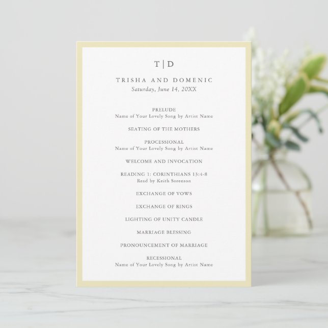 Elegant Butter Yellow Monogram Modern Wedding Programme (Standing Front)