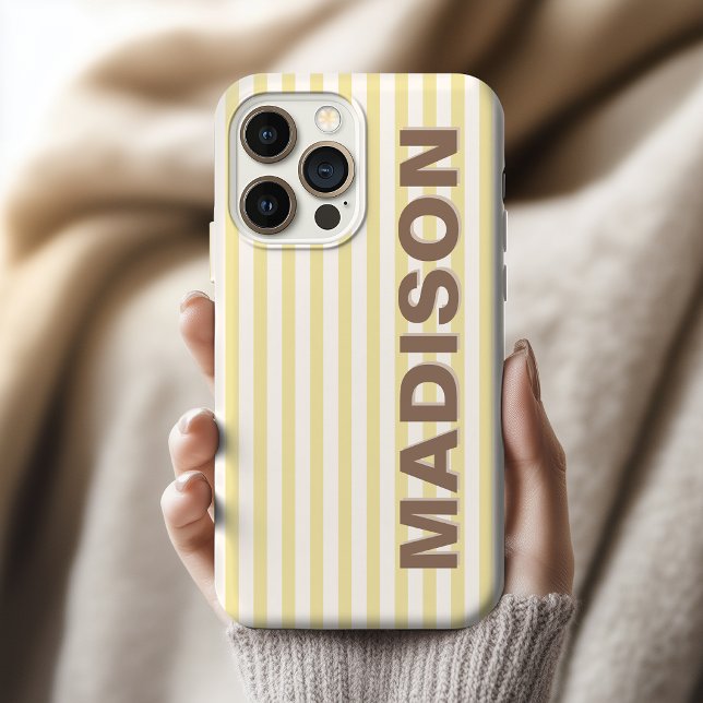 Elegant Butter Yellow Stripe Bride Bridesmaid Name iPhone Case (Custom Name Stripe iPhone case Gift for mother's day |  Vintage Stripe iPhone case Gift for Grandma)