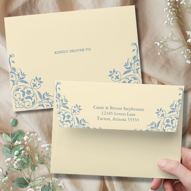 Elegant Butter Yellow Vintage Regency Era Wedding Envelope (elegant butter yellow regency era inspired wedding invitation stationery with blue chic pattern)