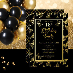 Elegant Butterflies 18th Birthday Party Black Gold