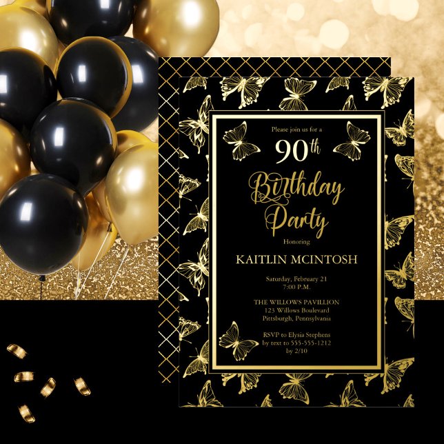 Elegant Butterflies 90th Birthday Party Black Gold (Creator Uploaded)