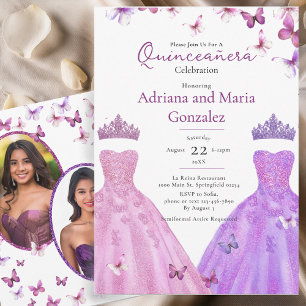 Elegant Butterflies Dress Twin Quinceanera Invitation
