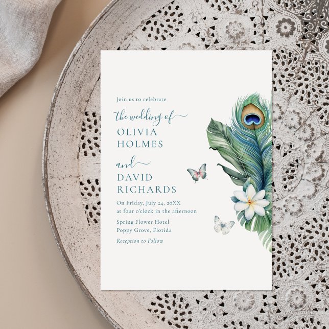 Elegant Butterflies Peacock Feather Wedding Invite (Elegant Butterflies Peacock Feather Wedding Invite on a boho ceramic plate.)