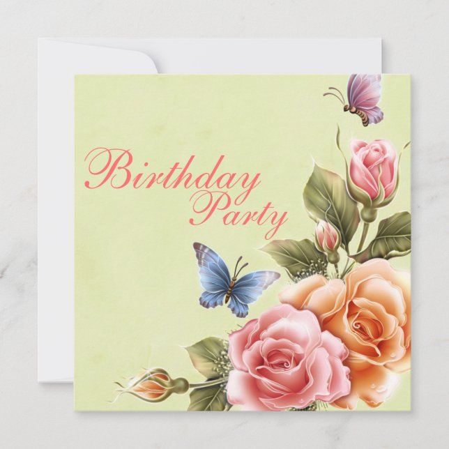 Elegant Butterflies & Roses Birthday Invitation (Front)