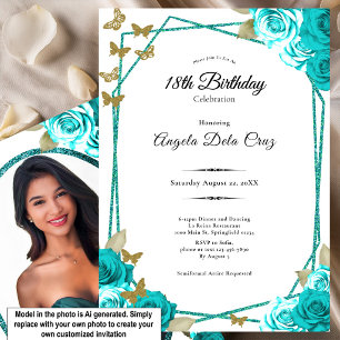 Elegant Butterflies Teal Roses 18th Debut Birthday Invitation