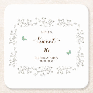 Elegant Butterfly And Wildflower Sweet 16 Birthday Square Paper Coaster