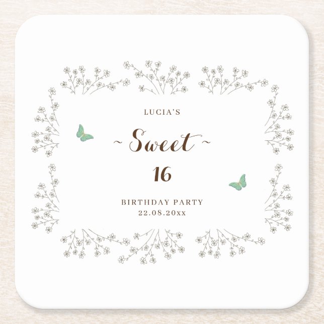 Elegant Butterfly And Wildflower Sweet 16 Birthday Square Paper Coaster (Front)