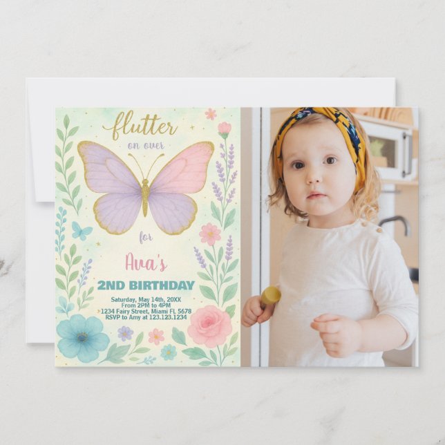 Elegant Butterfly Birthday Invitation with photo (Front)