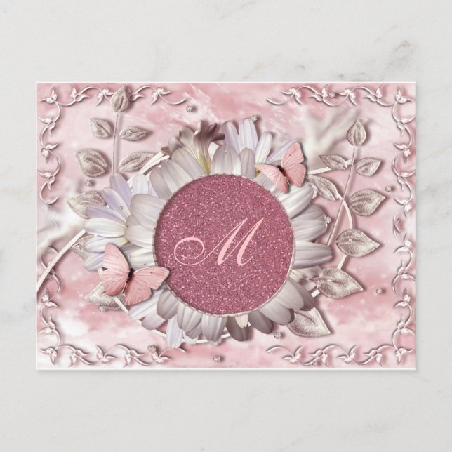 Elegant Butterfly Floral Gem Monogram Postcard (Front)