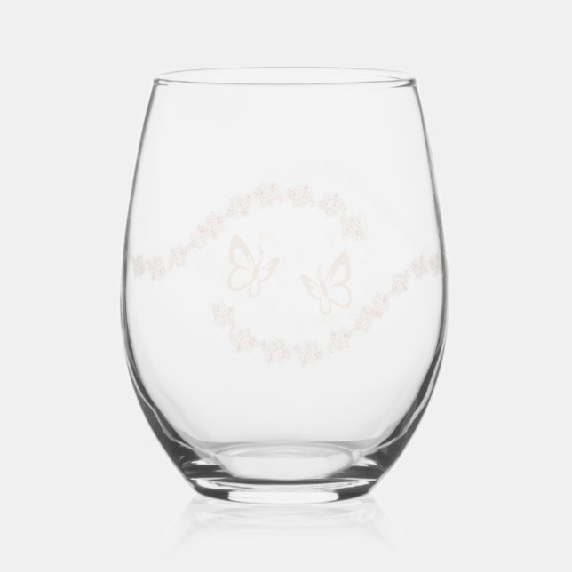 Elegant  Butterfly floral  Overlay Flowers wedding Stemless Wine Glass (Front)