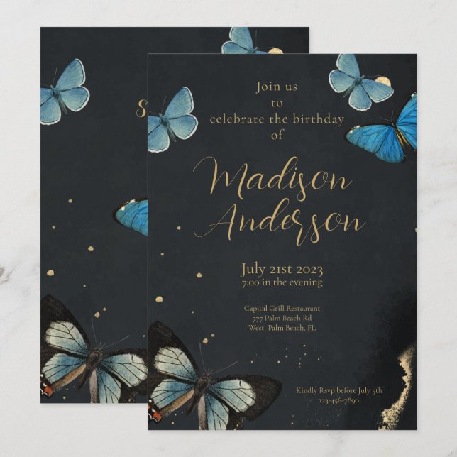 Elegant Butterfly Gold Black Adult Birthday  Invitation (Front/Back)