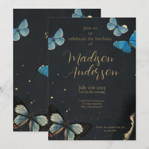 Elegant Butterfly Gold Black Adult Birthday Invitation