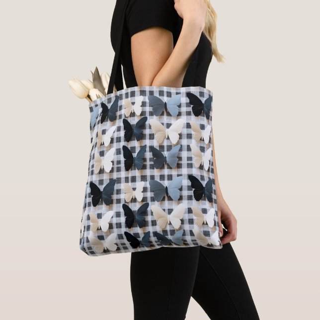 Elegant Butterfly Grid Pattern Tote Bag (Close Up)