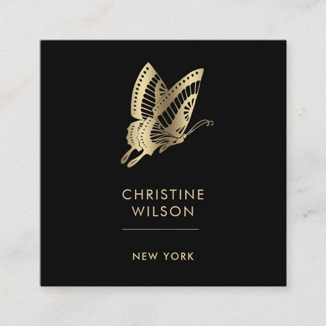 elegant butterfly logo on black square business card (Front)