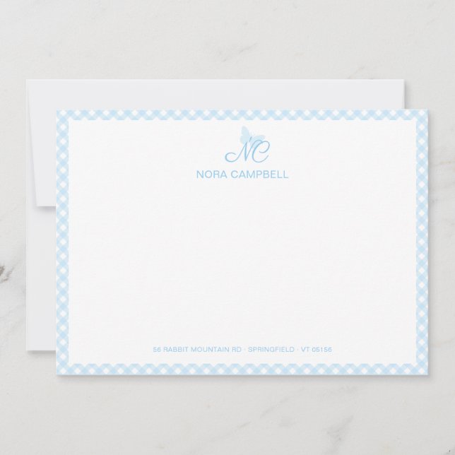 Elegant Butterfly Monogram Baby Blue Gingham Plaid Card (Front)