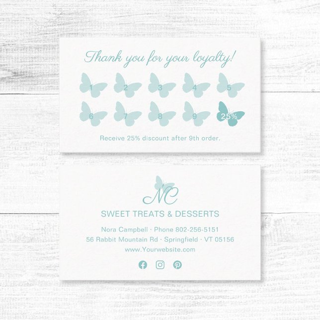 Elegant Butterfly Monogram Cute Pastel Turquoise Loyalty Card (Elegant pastel turquoise butterfly thank you for your loyalty business card with social media icons.)