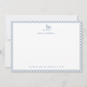 Elegant Butterfly Monogram Dusty Blue Gingham Card
