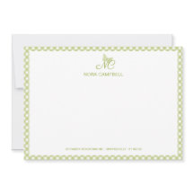 Elegant Butterfly Monogram Green Gingham Note Card