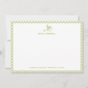 Elegant Butterfly Monogram Green Gingham Note Card