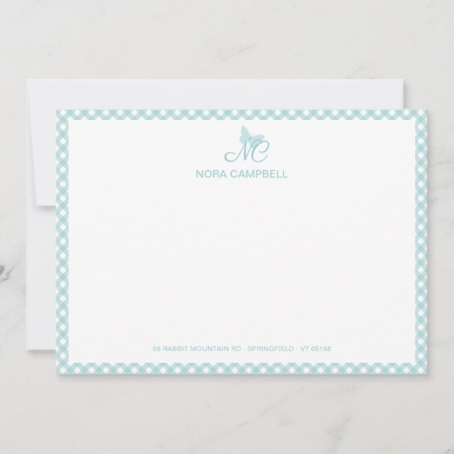Elegant Butterfly Monogram Turquoise Gingham Card (Front)