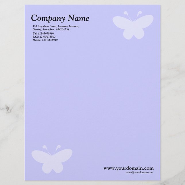 Elegant Butterfly Motif - Light Blue Customized Letterhead (Front)