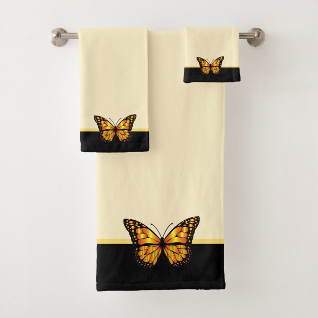 Elegant butterfly on ivory & black stripe bath tow towel set (Insitu)
