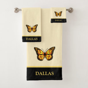 Elegant butterfly on ivory & black stripe bath towel set