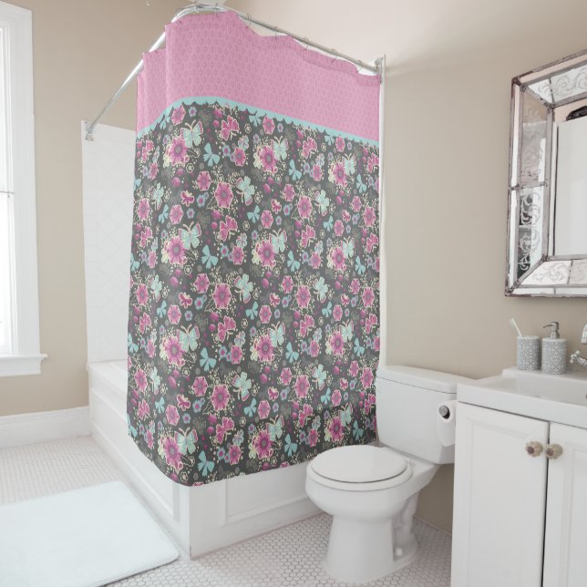 Elegant Butterfly Pattern Grey Pink Shower Curtain (In Situ)