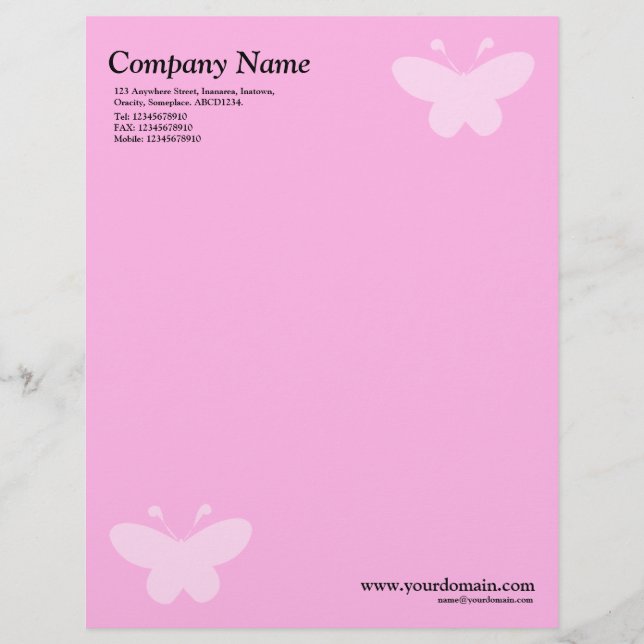 Elegant Butterfly - Pink Customised Letterhead (Front)