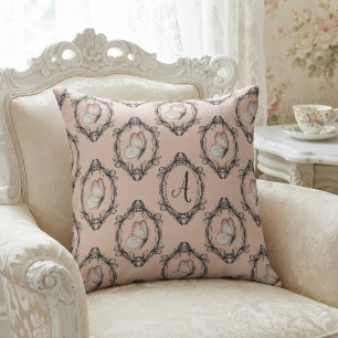Elegant Butterfly Pink Victorian Damask Monogram Cushion
