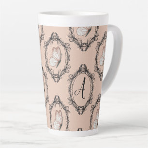 Elegant Butterfly Pink Victorian Damask Monogram Latte Mug