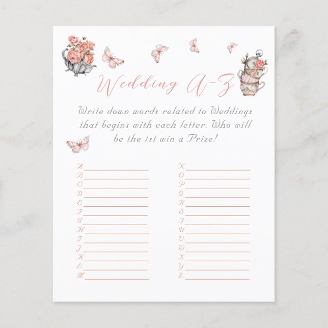 Elegant Butterfly Tea Floral Bridal Shower Game (Front)
