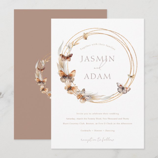 Elegant Butterfly Wreath Neutral Wedding Invitation (Front/Back)